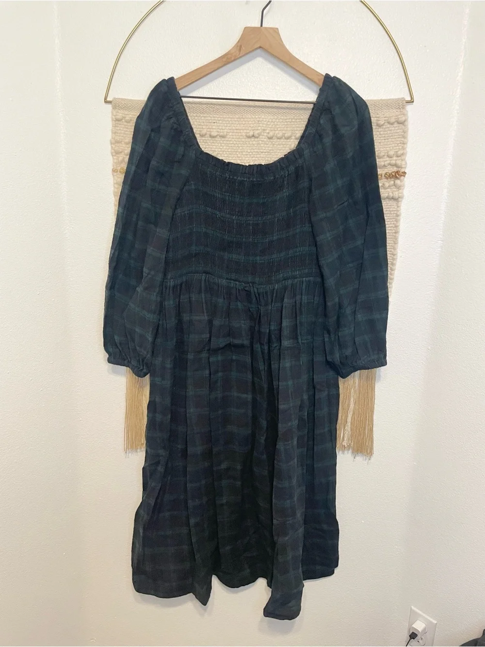 J. Crew Smocked Tartan Plaid Midi Dress Black Green Fall Prairie L 100% Cotton